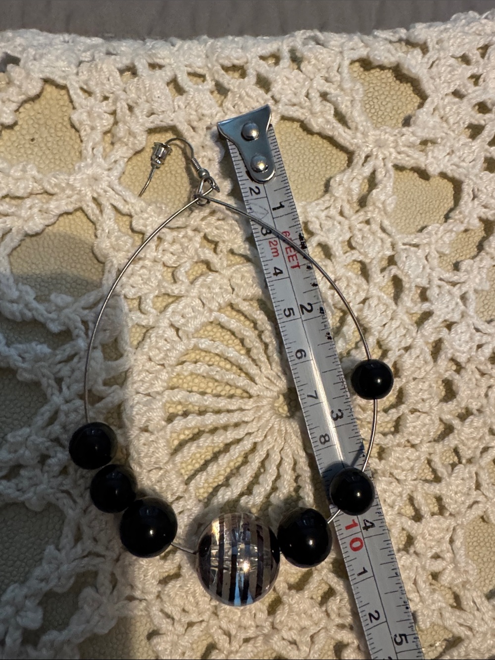 Silver Hoop Earrings with Black Beads and Striped Accent Bead - Picture 4 of 4